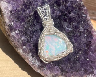 Ethiopian opal wire wrap pendant, wire wrapped opal, silver opal pendant, gifts for her, flashy opal