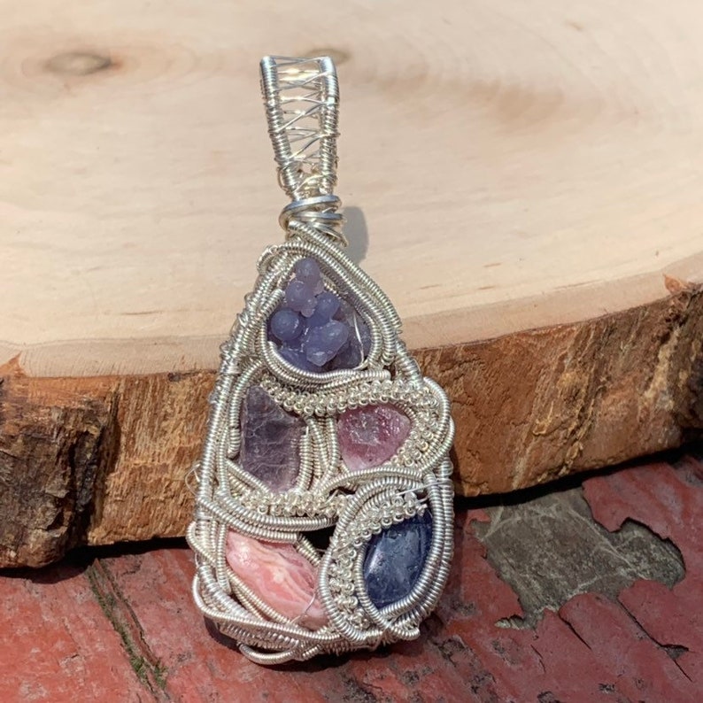 rhodochrosite and lepidolite wire wrapped pendant tanzanite pink tourmaline rhodochrosite wire wrap Grape agate grape agate wire wrap