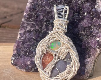 Ethiopian opal, sunstone, and grape agate wire wrapped pendant, grape agate necklace, wire wrapped opal, real crystal jewelry, gifts for her