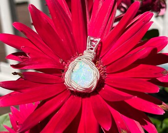 Ethiopian opal wire wrap pendant, wire wrapped opal, silver opal pendant, gifts for her, flashy opal