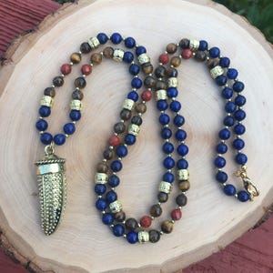 SALE Lapis lazuli, tiger eye, and red jasper beaded necklace, tribal necklace, tusk pendant, long gemstone necklace, lapis beaded necklace
