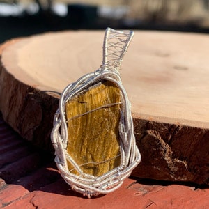 Raw tiger eye wire wrapped pendant, wire wrapped tiger eye, tiger eye wire wrap, raw tiger eye pendant, mens wire wrap, tiger eye necklace
