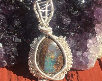 Australian boulder opal wire wrapped pendant, boulder opal wire wrap, boulder opal necklace, boulder opal pendant, boulder opal jewelry