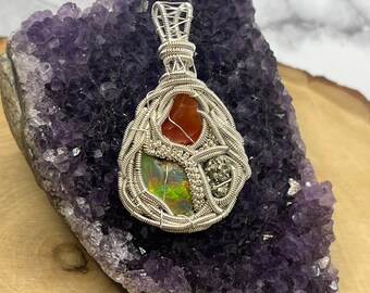 Pyrite, fire opal, & Ethiopian opal wire wrap, Mexican fire opal wire wrap, fire opal pendant, pyrite wire wrap, wire wrapped fire opal