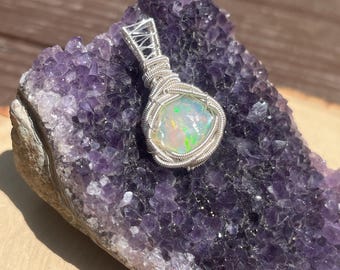 Ethiopian opal wire wrap pendant, raw opal wire wrap, flashy opal, gifts for her, one of a kind handmade