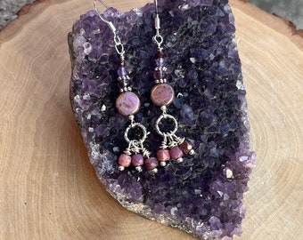 Amethyst and ruby earrings, Czech bead earrings, gemstone dangle earrings, amethyst earrings, boho gemstone earrings, purple bead earrings