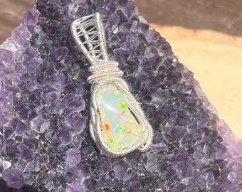 Ethiopian opal wire wrap, raw opal jewelry, silver opal necklace, one of a kind handmade