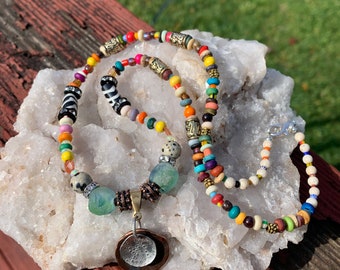 Multicolored bone, glass, and gemstone bead necklace, african bead necklace, colorful  necklace, gemstone statement necklace, mixed metal
