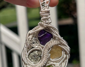 Sugilite, pyrite, calcite, and peridot wire wrapped pendant, raw gemstone jewelry, wire wrap jewelry