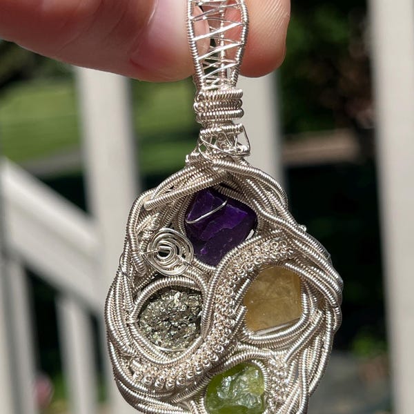 Sugilite, pyrite, calcite, and peridot wire wrapped pendant, raw gemstone jewelry, wire wrap jewelry