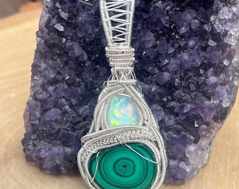 Malachite and Ethiopian Opal Wire Wrap Pendant - Silver