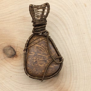 SALE Calligraphy stone wire wrapped pendant, arabic stone wire wrap, antique brass wire wrap, miriam stone, elephant skin jasper