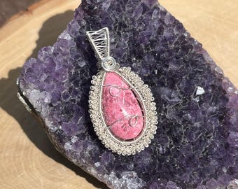 Thulite Wire Wrapped Pendant: Pink Stone Necklace, Silver Plated