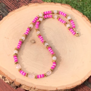 Rose quartz and pink heishi bead necklace, rose quartz necklace, pink and gold necklace, polymer clay beads, gemstone statement necklace