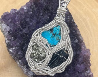 Black Tourmaline, Pyrite & Turquoise Wire Wrap Pendant - Silver hand made raw crystal jewelry