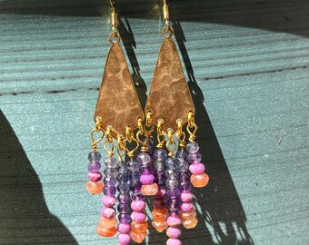 Iolite, amethyst, phosphosiderite, and sunstone chandelier earrings, long gemstone earrings, mixed gemstone earrings