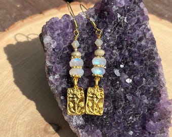Rainbow Moonstone Dangle Earrings: Gold Lotus Charm, Swarovski & Czech Glass