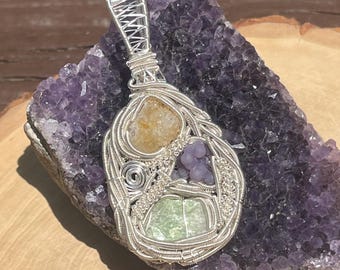 Wire Wrapped Grape Agate Pendant, citrine & green kyanite, Silver Plated, one of a kind