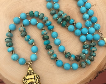 SALE Turquoise howlite and impression jasper beaded necklace, buddha necklace, long turquoise necklace, sea sediment jasper necklace, stone