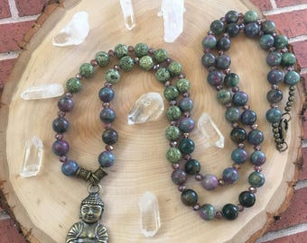 Ruby in kyanite & russian serpentine long beaded necklace, long gemstone necklace, multicolored gemstone necklace, gemstone statement buddha
