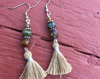 Earthy beaded tassel dangle earrings, czech glass beads, boho tassel earrings, czech bead earrings, statement earrings