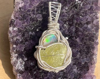 Raw Prehnite Opal Wire Wrap Pendant, Silver Plated, Natural Stone Jewelry