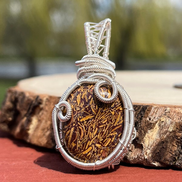 Calligraphy stone wire wrap pendant, calligraphy stone pendant, Arabic stone necklace, calligraphy stone necklace, elephant skin jasper