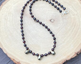 Faceted Garnet Pyrite Necklace, Natural Stone January Birthstone, Silver Clasp