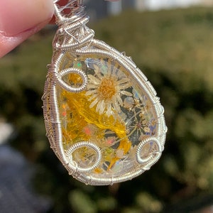 Real flowers and opal wire wrapped resin pendant, pressed flower jewelry, real flower pendant, opal wire wrap, wildflower necklace, resin