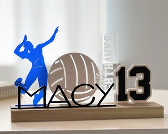 May include: A blue silhouette of a volleyball player with a volleyball and the text "MACY" and "CATHAWKS" and the number "13" on a wooden base.