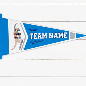 May include: A blue and white pennant with a gymnast silhouette, the text "Year Team Name Mascot" and a space for a photo.