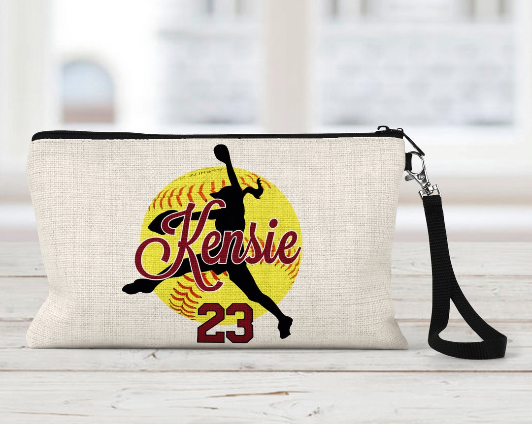 Softball Makeup Bag, Personalized Batter Design, Natural Linen, Zipper Pouch, Makeup Bag