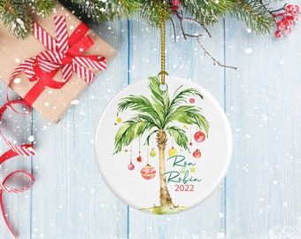 Christmas Palm Tree Porcelain Ornament, Personalized, Tropical Ornament