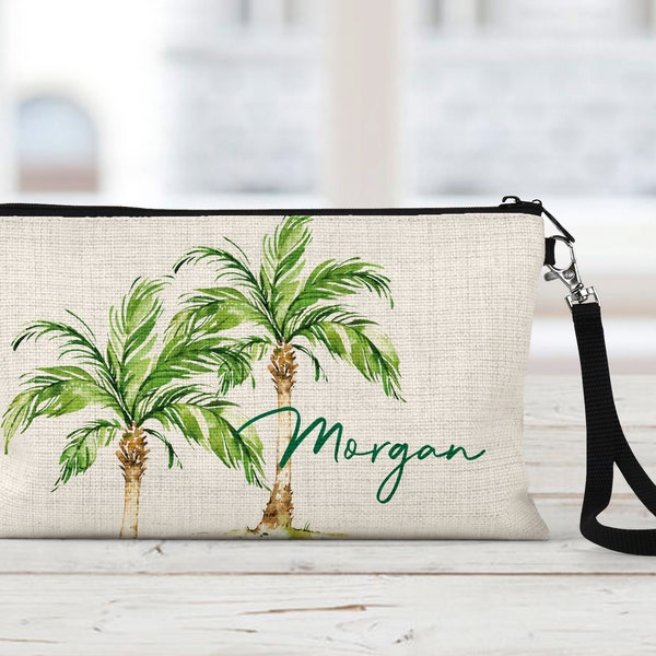 Palm Trees Makeup Bag, Personalized, Natural Linen, Zipper Pouch, Makeup Bag, Tech Accessory Bag, Art or Journaling Pouch