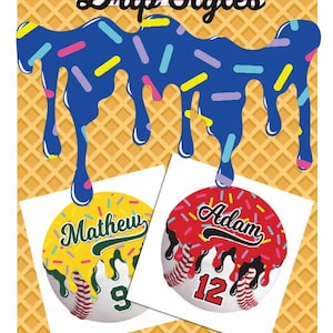 May include: A baseball-themed design with a waffle cone background. The image features the text "NEW! Drip Styles" and two baseballs with names and numbers. One baseball is yellow with the name "Mathew" and the number "9". The other is red with the name "Adam" and the number "12".