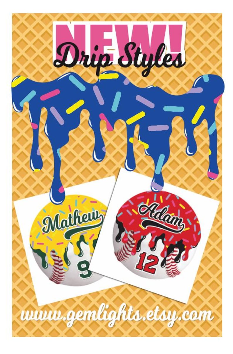 May include: A baseball-themed design with a waffle cone background. The image features the text "NEW! Drip Styles" and two baseballs with names and numbers. One baseball is yellow with the name "Mathew" and the number "9". The other is red with the name "Adam" and the number "12".