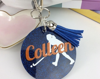 Field Hockey Girl glitter bag tag, Personalized bag tag, team gift, gifts for field hockey, monogrammed