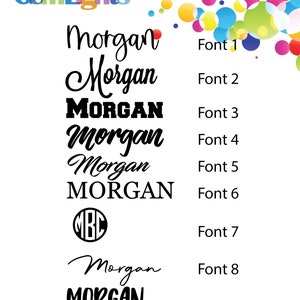 May include: Nine different font styles for the name "Morgan" in black text on a white background. The fonts are numbered 1 through 9.