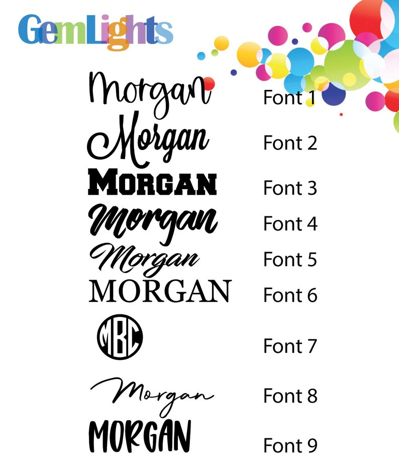 May include: Nine different font styles for the name "Morgan" in black text on a white background. The fonts are numbered 1 through 9.