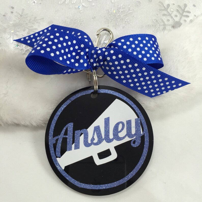 Cheer megaphone Bag Tag on Black Acrylic Personalized Etsy