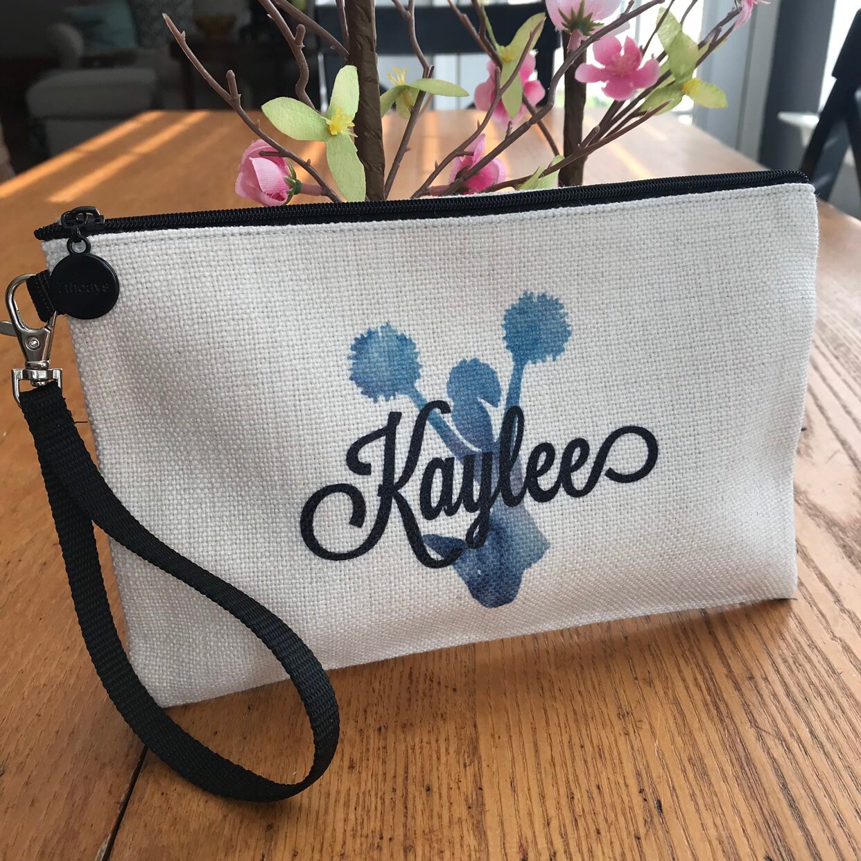 Cheerleader Makeup Bag, Personalized Poms Design, Natural Linen, Zipper Pouch, Makeup Bag, Tech Accessory Bag, Art or Journaling Pouch