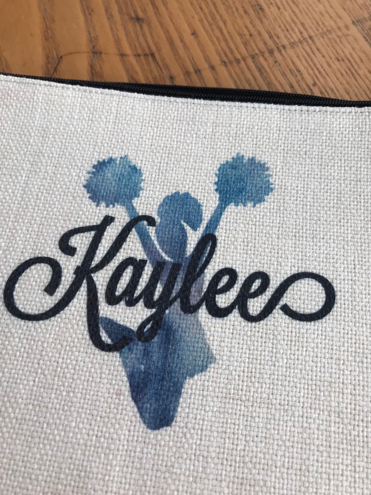 Cheerleader Makeup Bag, Personalized Poms Design, Natural Linen, Zipper Pouch, Makeup Bag, Tech Accessory Bag, Art or Journaling Pouch