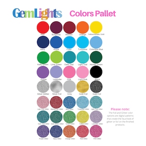 May include: A color chart showing a variety of colors, including red, blue, green, purple, and black. The chart also includes glitter and foil options for each color.