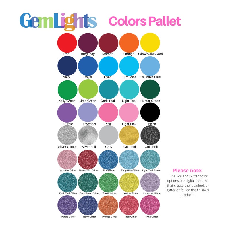 May include: A color chart showing a variety of colors, including red, blue, green, purple, and black. The chart also includes glitter and foil options for each color.