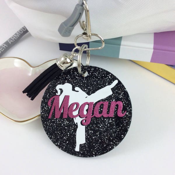 Karate girl gift, glitter bag tag, Personalized bag tag, karate gift, gifts for martial arts, monogrammed