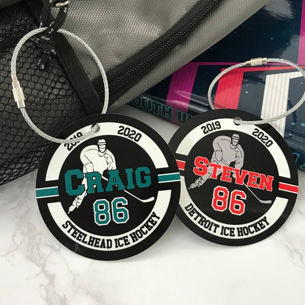 Ice Hockey Mens Bag Tag, Personalized, Two Sided Aluminum Bag Tag