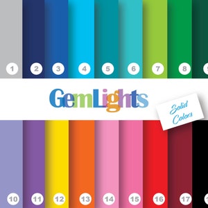 May include: A color chart with 18 different solid colors, numbered 1 through 18. The chart is labeled "GemLights Solid Colors".