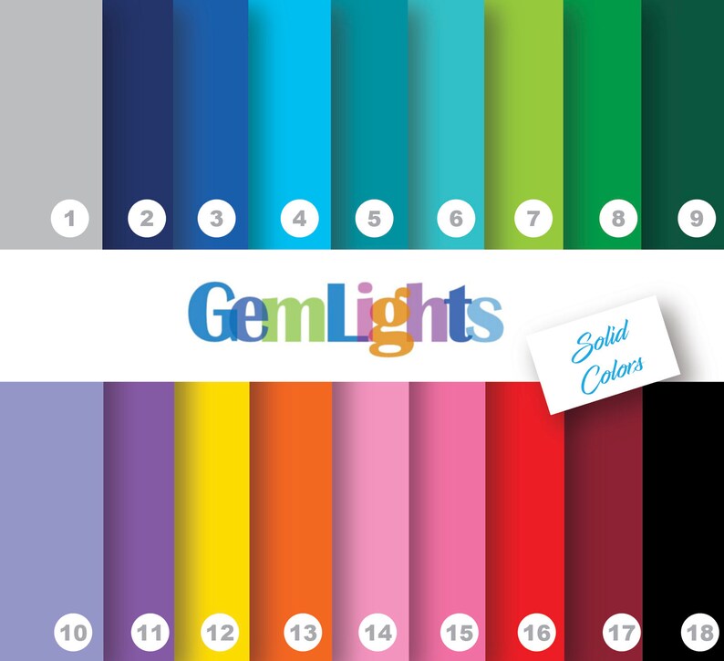 May include: A color chart with 18 different solid colors, numbered 1 through 18. The chart is labeled "GemLights Solid Colors".