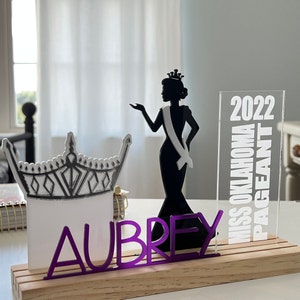 Pageant Girl with Crown and Sash Grandstand, Personalized Pageant Gift, Choose your Pieces and Colors