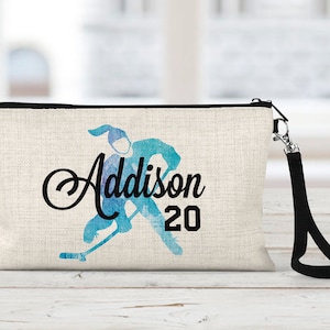 Personalized Ice Hockey Girl Linen Zipper Pouch: Tech Accessory Bag